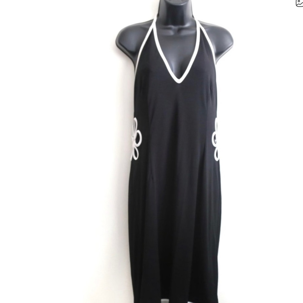 JOSEPH RIBKOFF Cutout Flower Petal Neck Tie Halter Black Backless Dress
